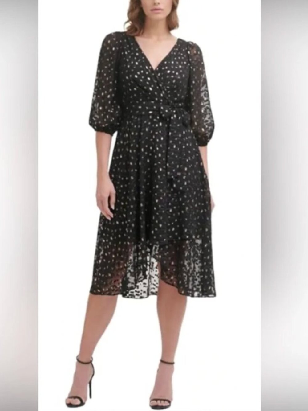 NWT DKNY Black Gold Metallic Clip Dot Faux Wrap Midi Dress Balloon Sleeve Size 2